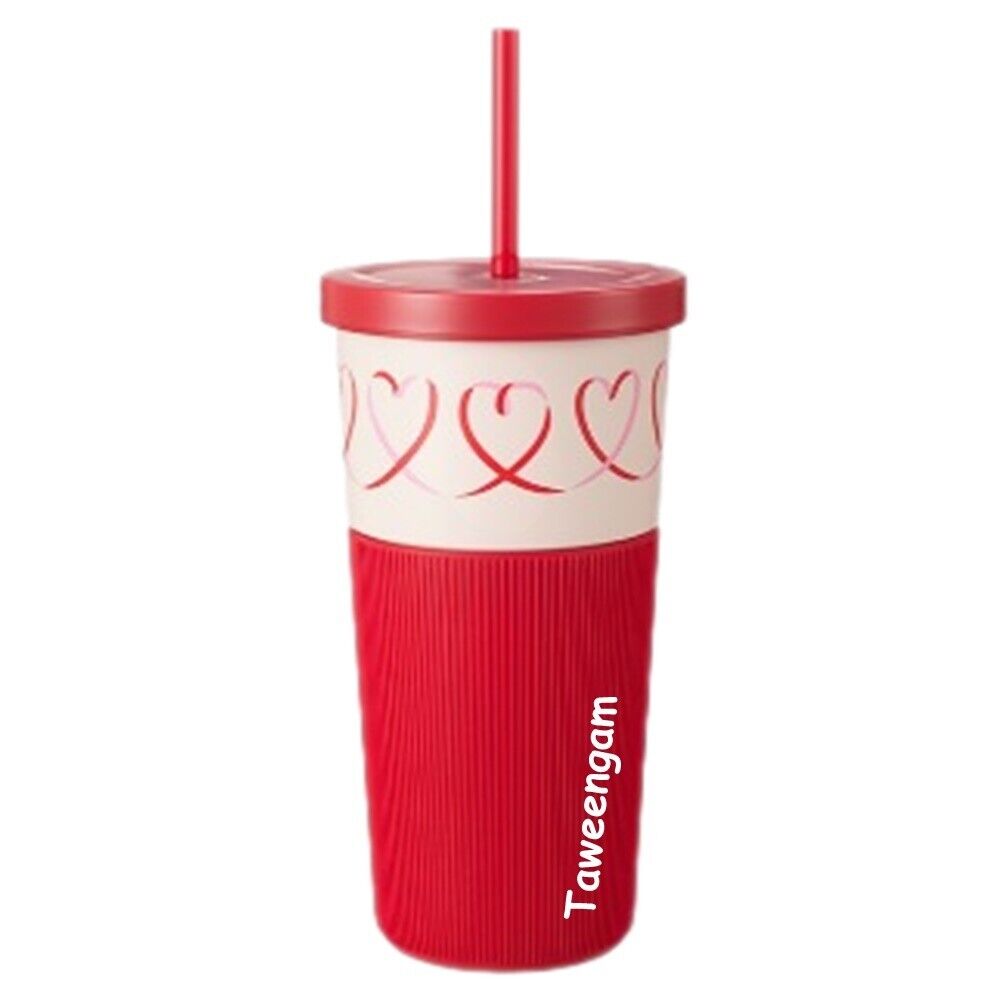 Starbucks Valentine Gift Tumbler Cold Cup Red Hearts Ribbon Stainless 21.5 oz.