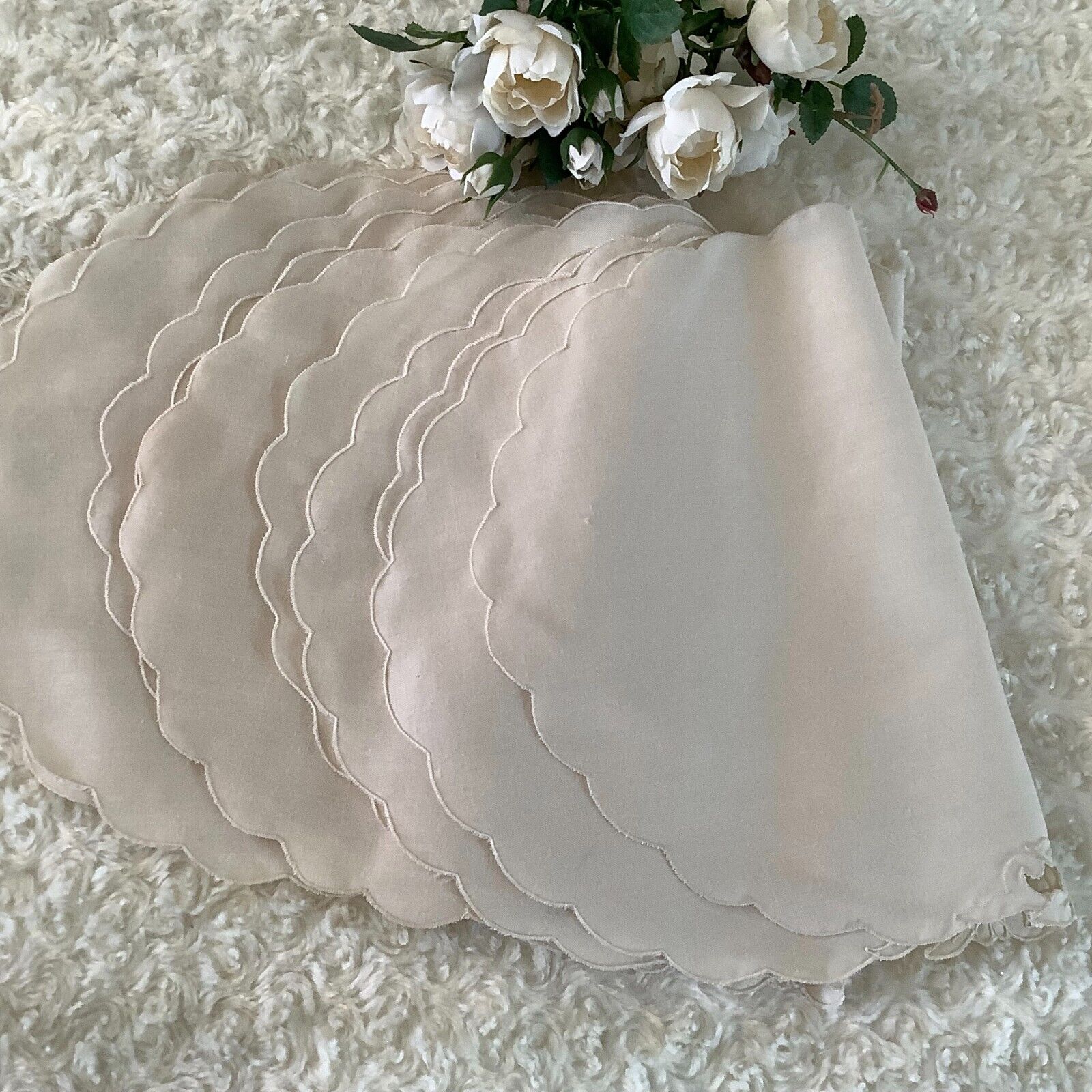6 Vintage Ivory thin sheer scalloped edge cut out floral placemats 13
