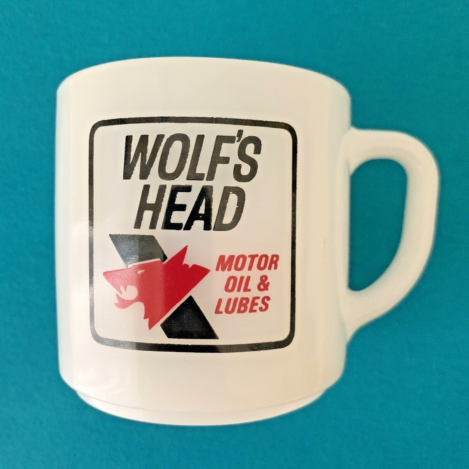 Vintage Wolf’s Head Motor Oil & Lubes Coffee Mug Cup - Advertising by Fire King