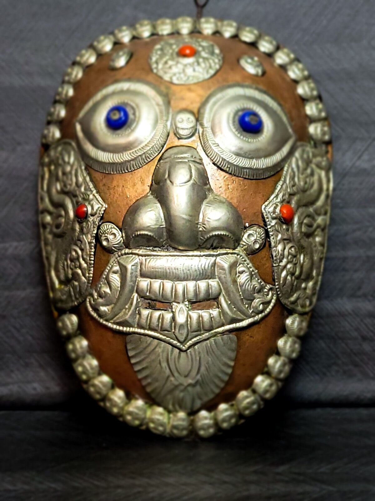 Vintage Tibetan Turtle Shell Kapala Ritual Offering Mask Skulls Stones Embossed