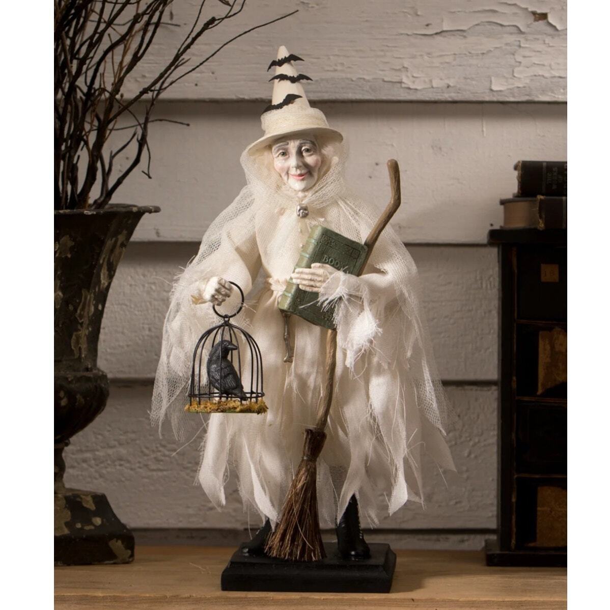 Bethany Lowe Ghostly Witch Halloween Figure with Crow Broom Stick & Spell Book