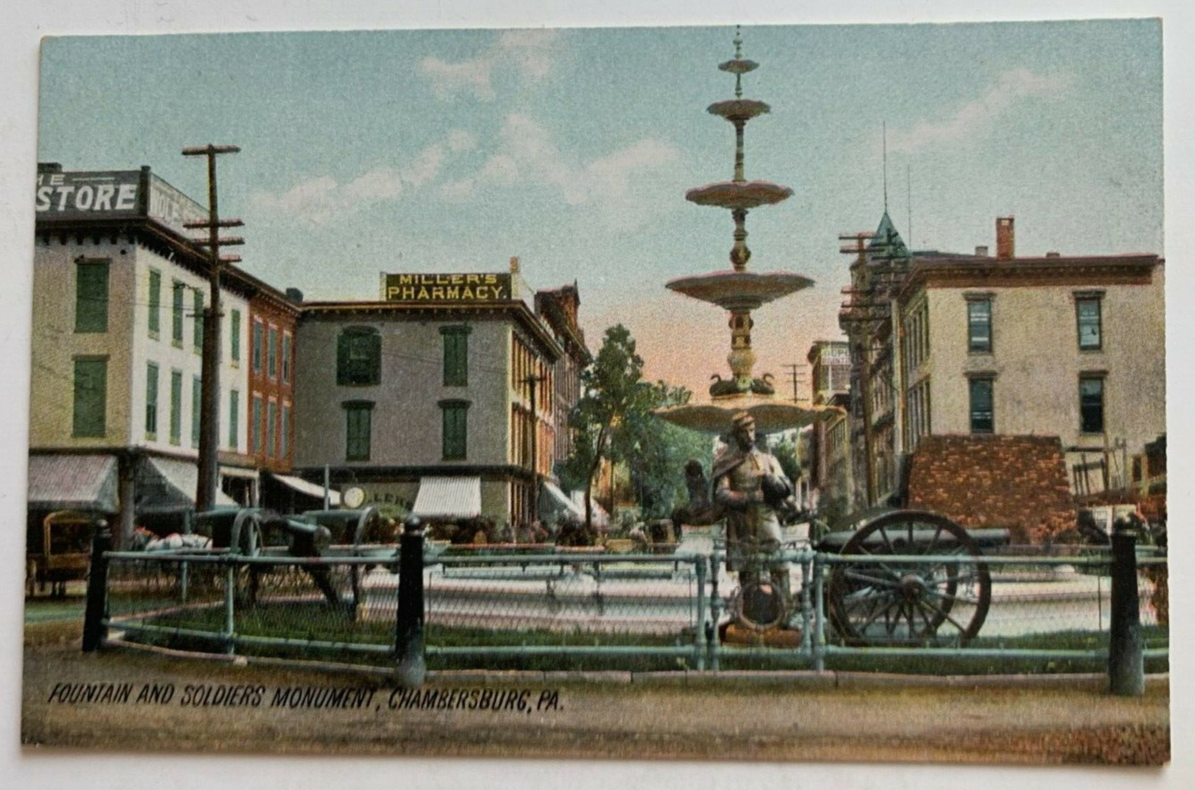 ca 1900s PA Postcard Chambersburg Fountain & Soldiers Monument Miller's Pharmacy