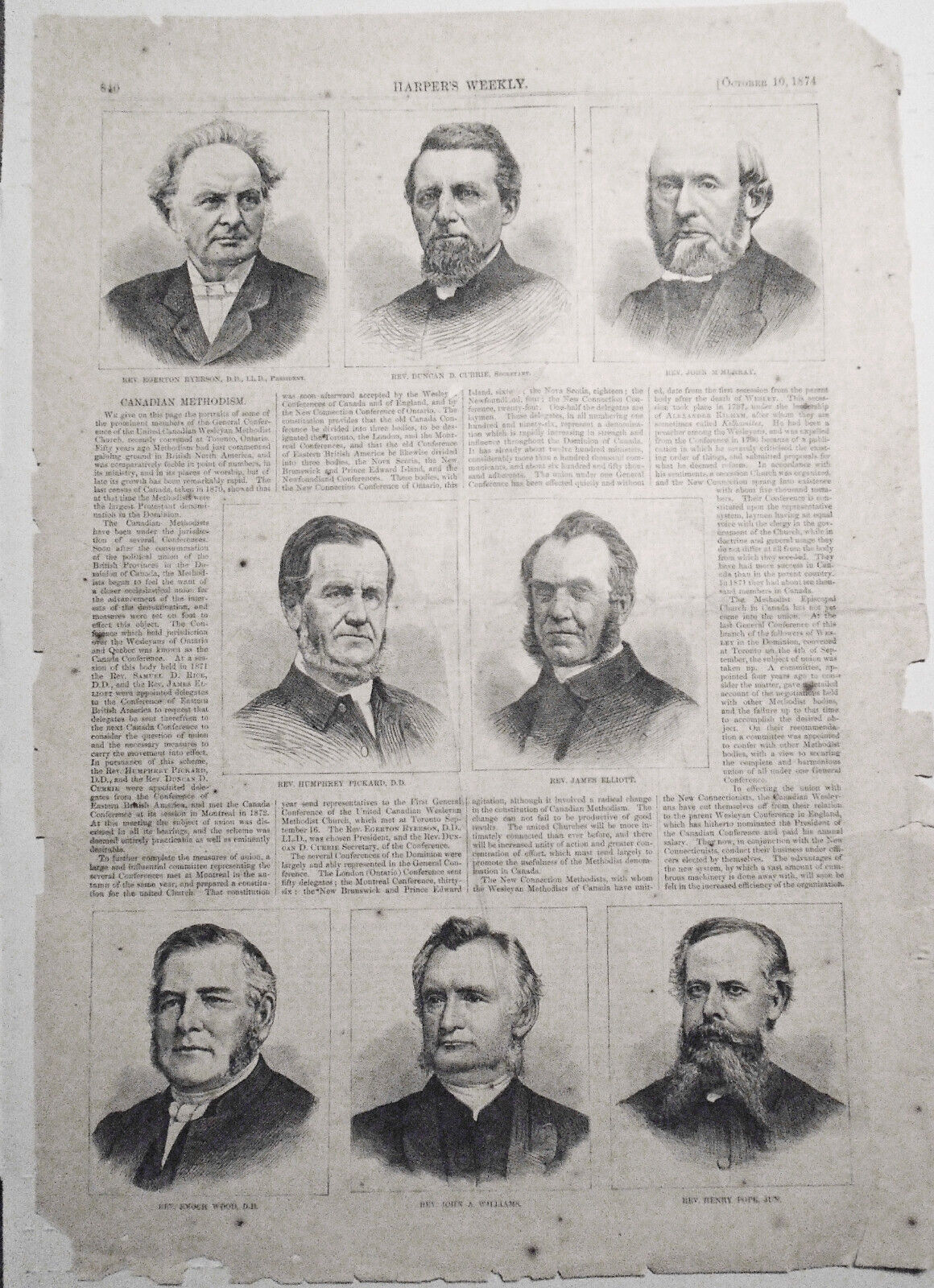 Canadian Methodism - Harper's Weekly, October 10, 1874 Original, Full Page.