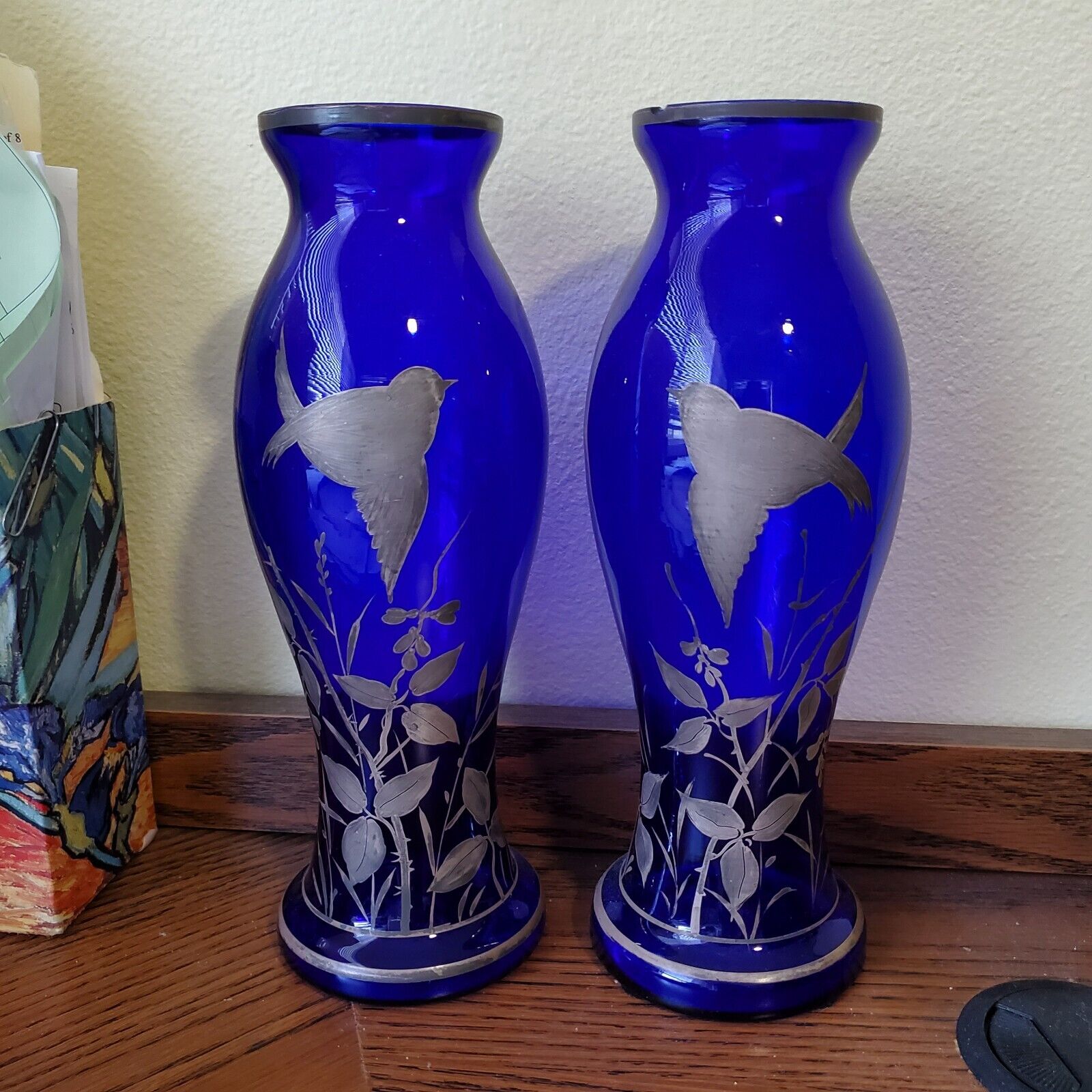 Antique Victorian Cobalt Blue Glass Vases with Hand Painted Bird Flowers-pair