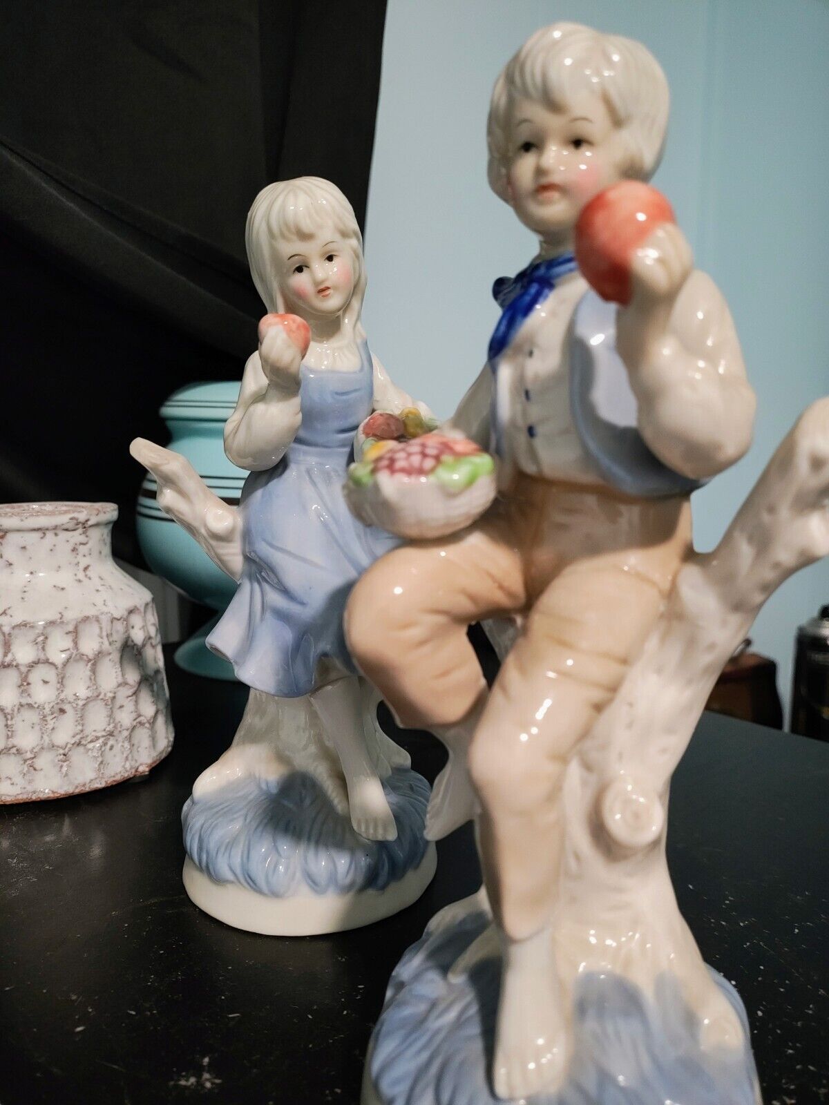 Vintage Deville Glazed Porcelian Boy and Girl figurines 8 by 3 Taiwan Good used
