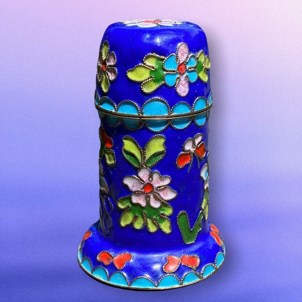 Vintage Blue Enamel Lotus Flower Cloisonne Trinket Snuff Box