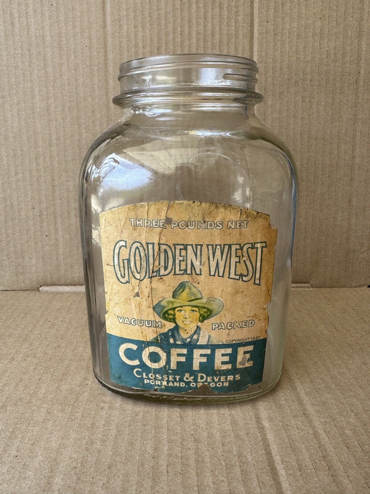 GOLDEN WEST Coffee Glass Storage Jar Closset & Devers Portland OR 1920s vintage