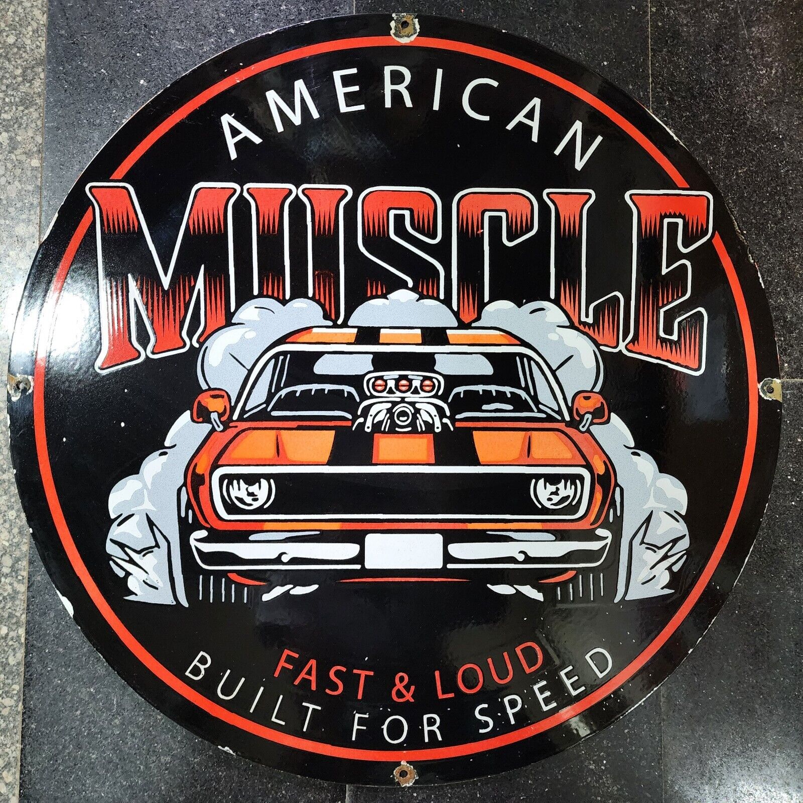 AMERICAN MUSCLE PORCELAIN ENAMEL SIGN 30 INCHES ROUND