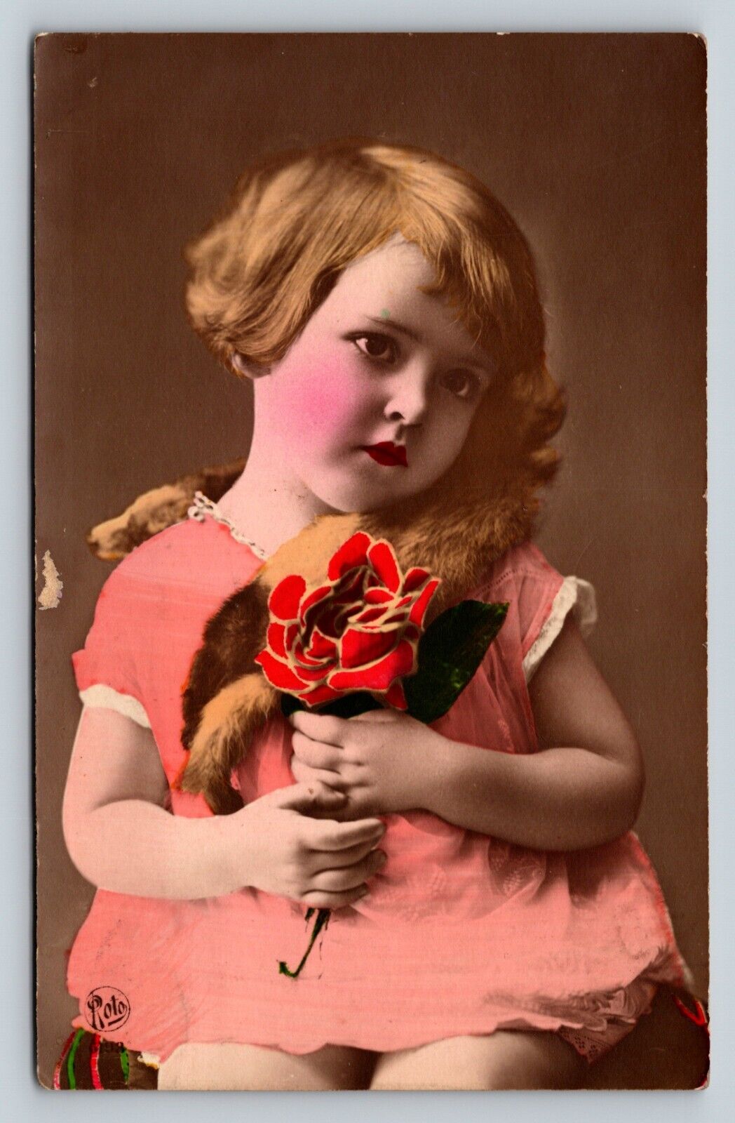 c1928 ADORABLE Girl Holding Flower Studio Photo Hand Color Tint VINTAGE Postcard
