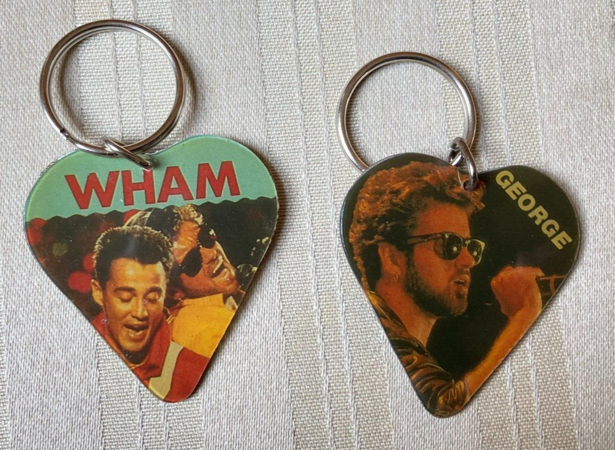Vintage 1980s Wham Music Group George Michael Heart Shape Keychains Key Rings