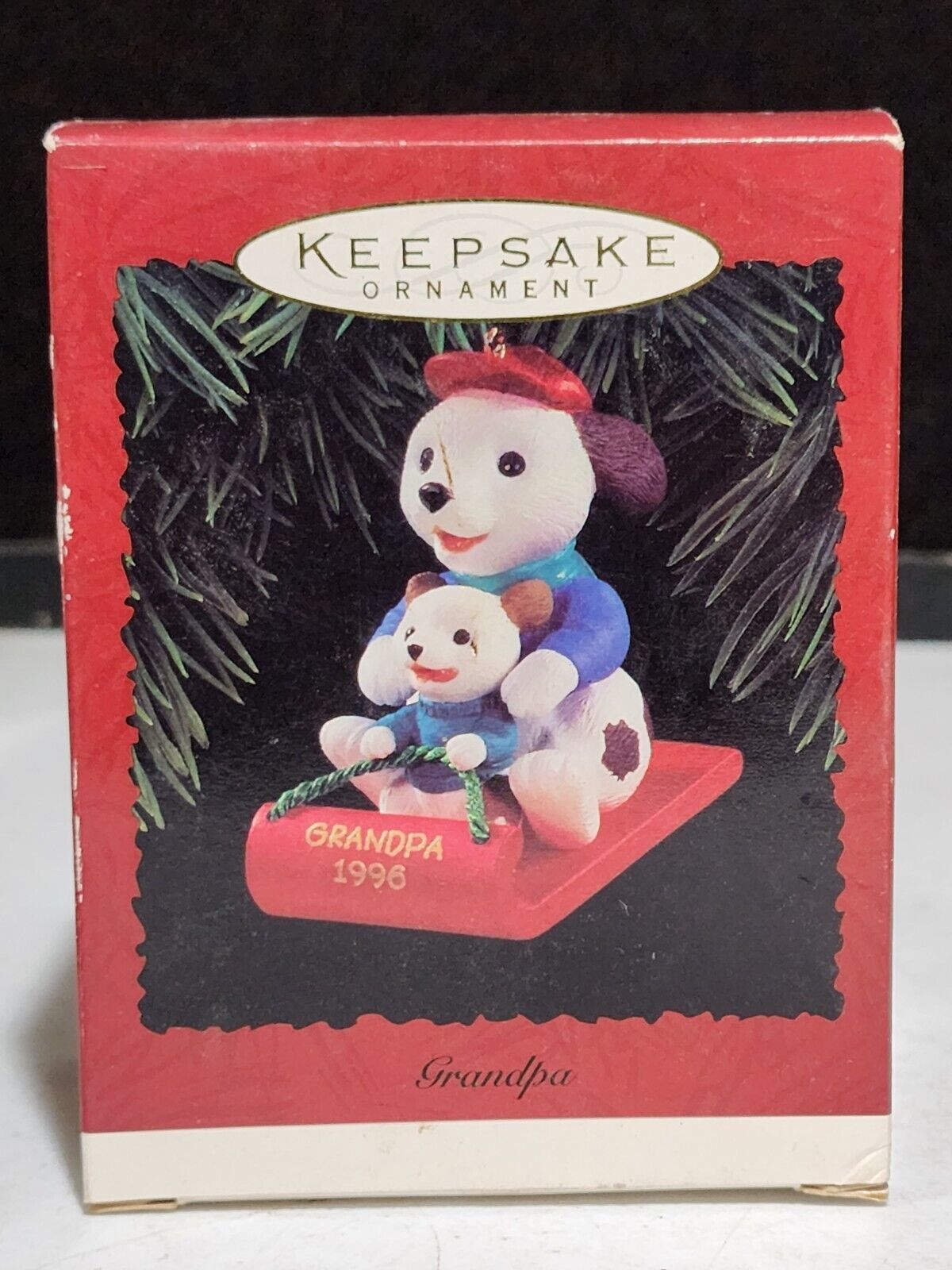 1996 Hallmark Keepsake Ornament - Grandpa - Dog on Sled  w/ Puppy IN BOX