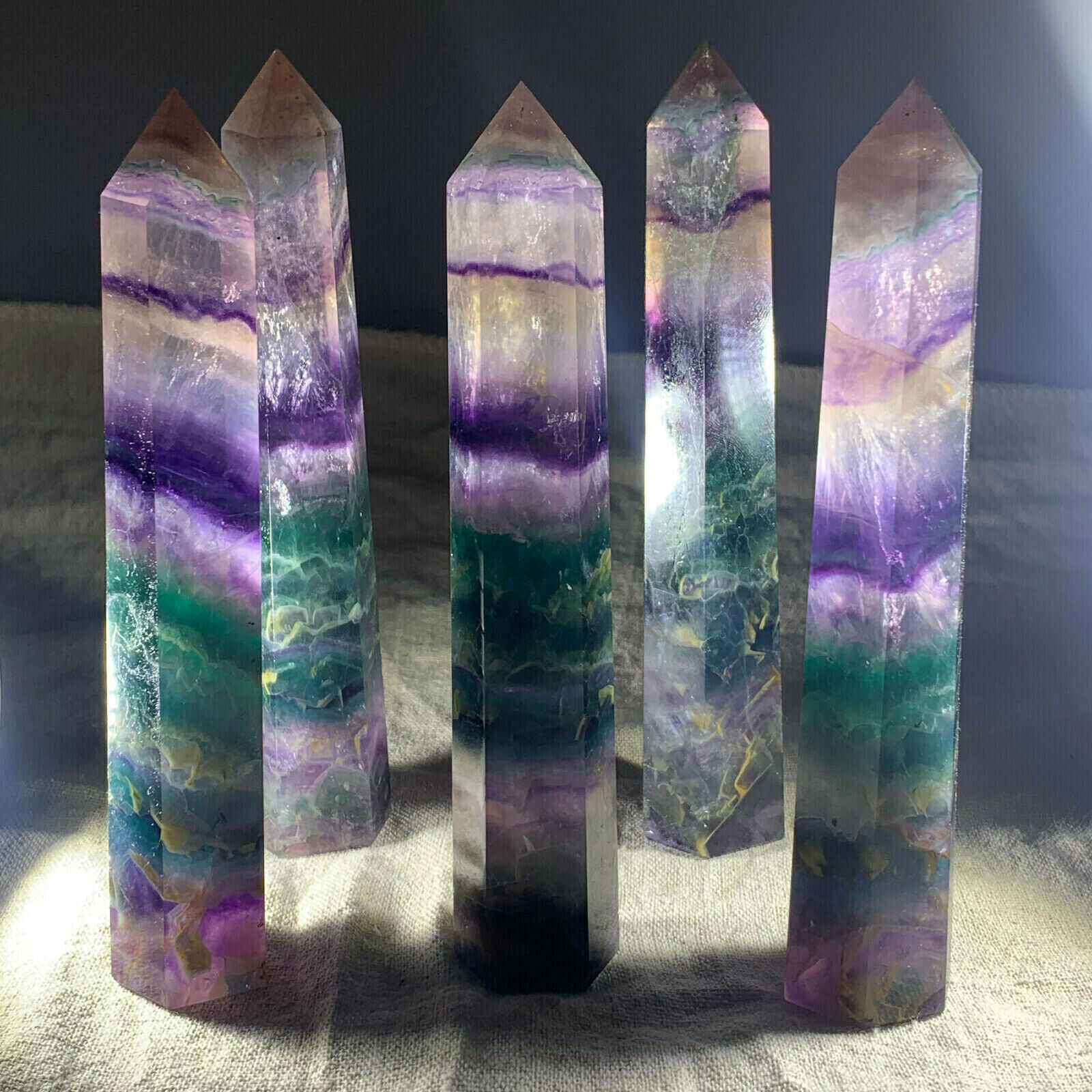 2.2LB Natural Rainbow Fluorite Obelisk Quartz Crystal Wand Tower Point Healing
