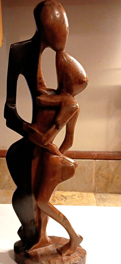 Lovers Kissing African Wood Carving Sculpture In Dark Brown and Black Color