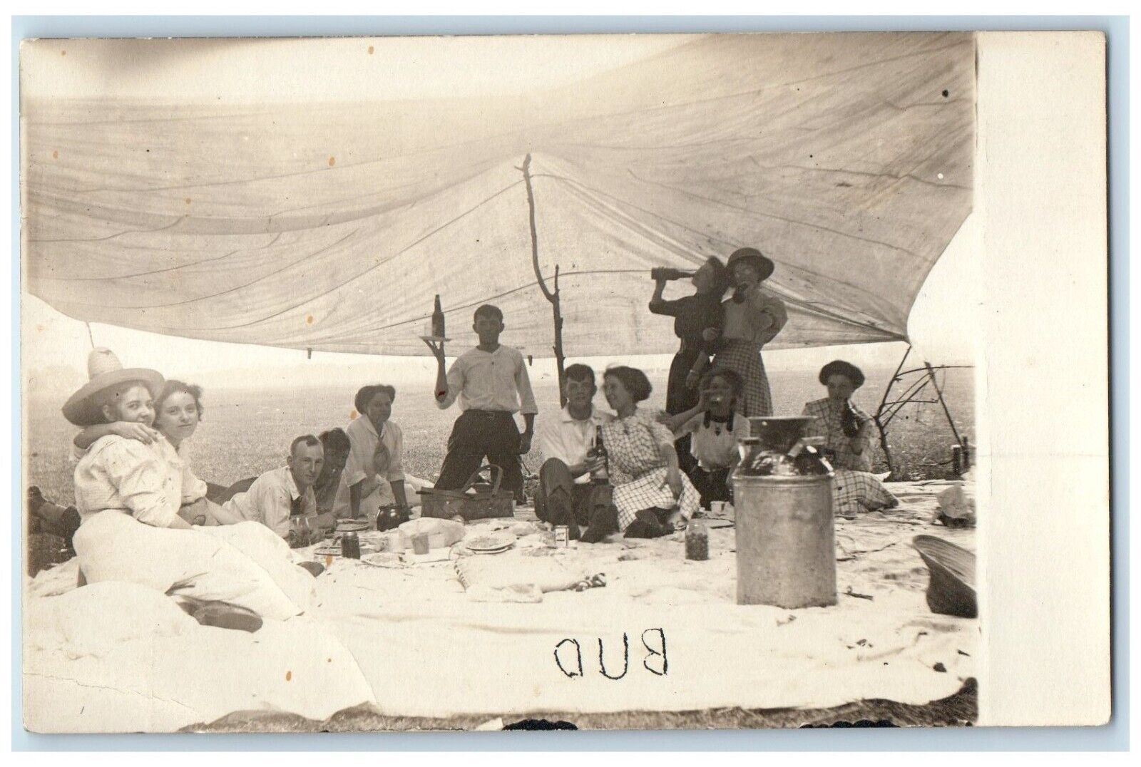 c1910's Seaside Tent Picnic Teenagers Alcohol Drinking RPPC Photo Postcard