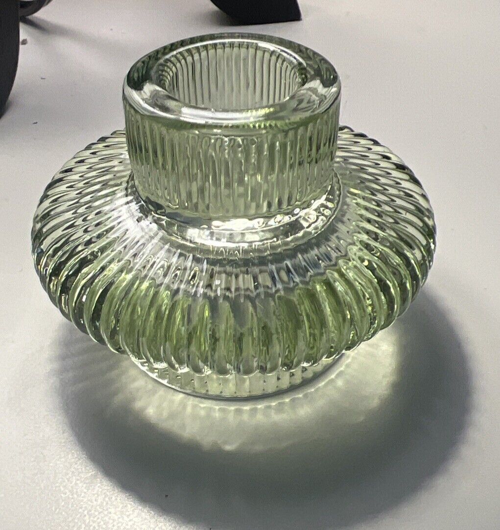 Vintage Looking Green Glass Candle Holder Ribbed Light Effect 
