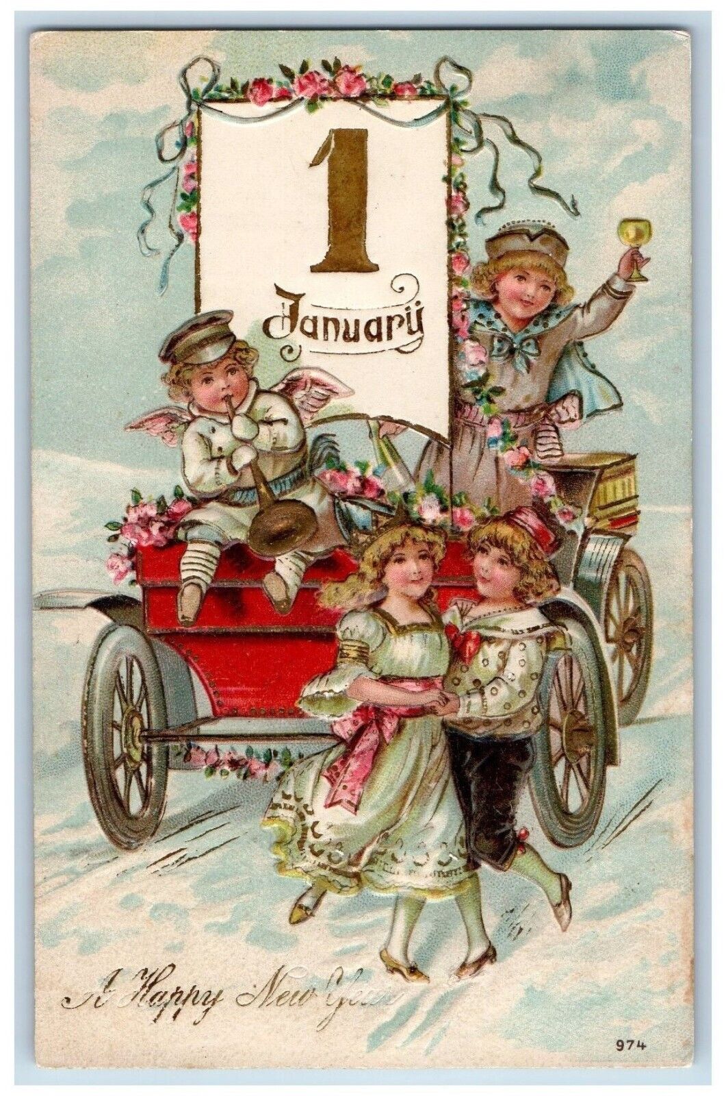 New Year Postcard January 1 Calendar Angel Trumpet Car Winter Embossed c1910's