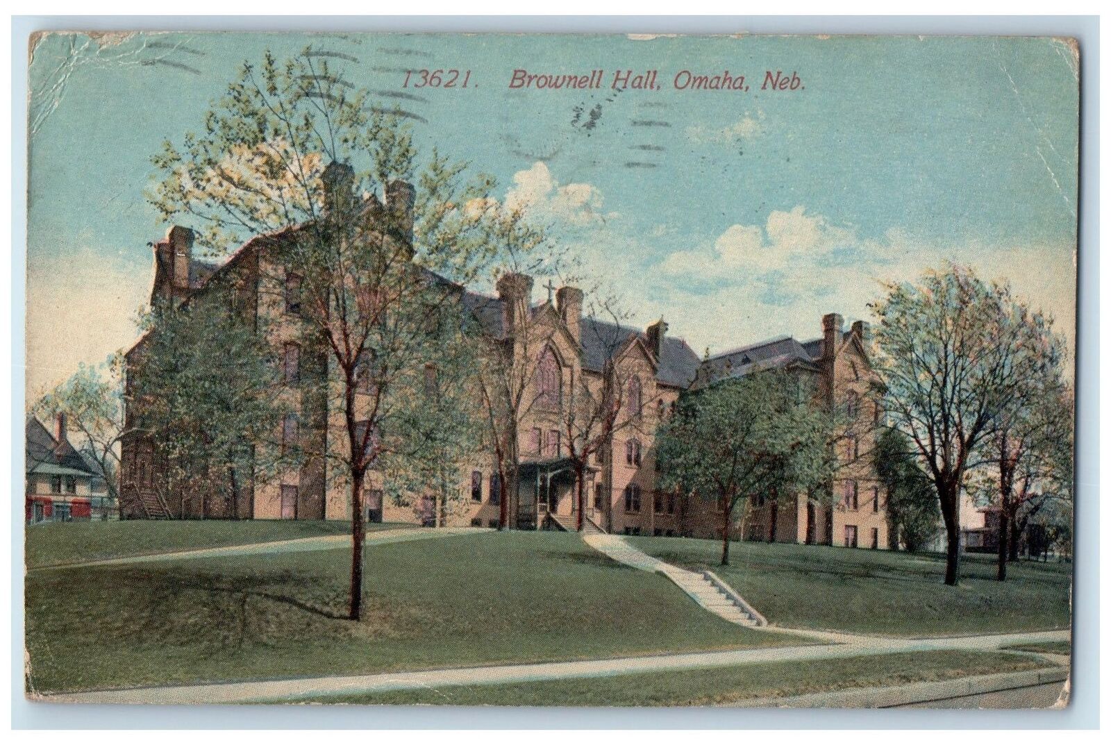 1915 Brownell Hall Building Entrance Stairs View Tree Omaha Nebraska NE Postcard