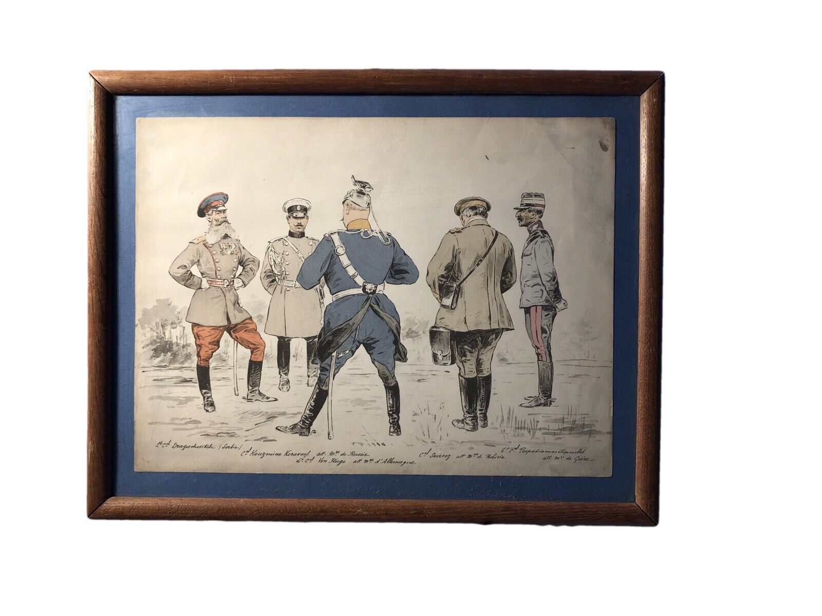 Framed French Cartoonist Colour Aquarelle of Military Officers, Early 1900s