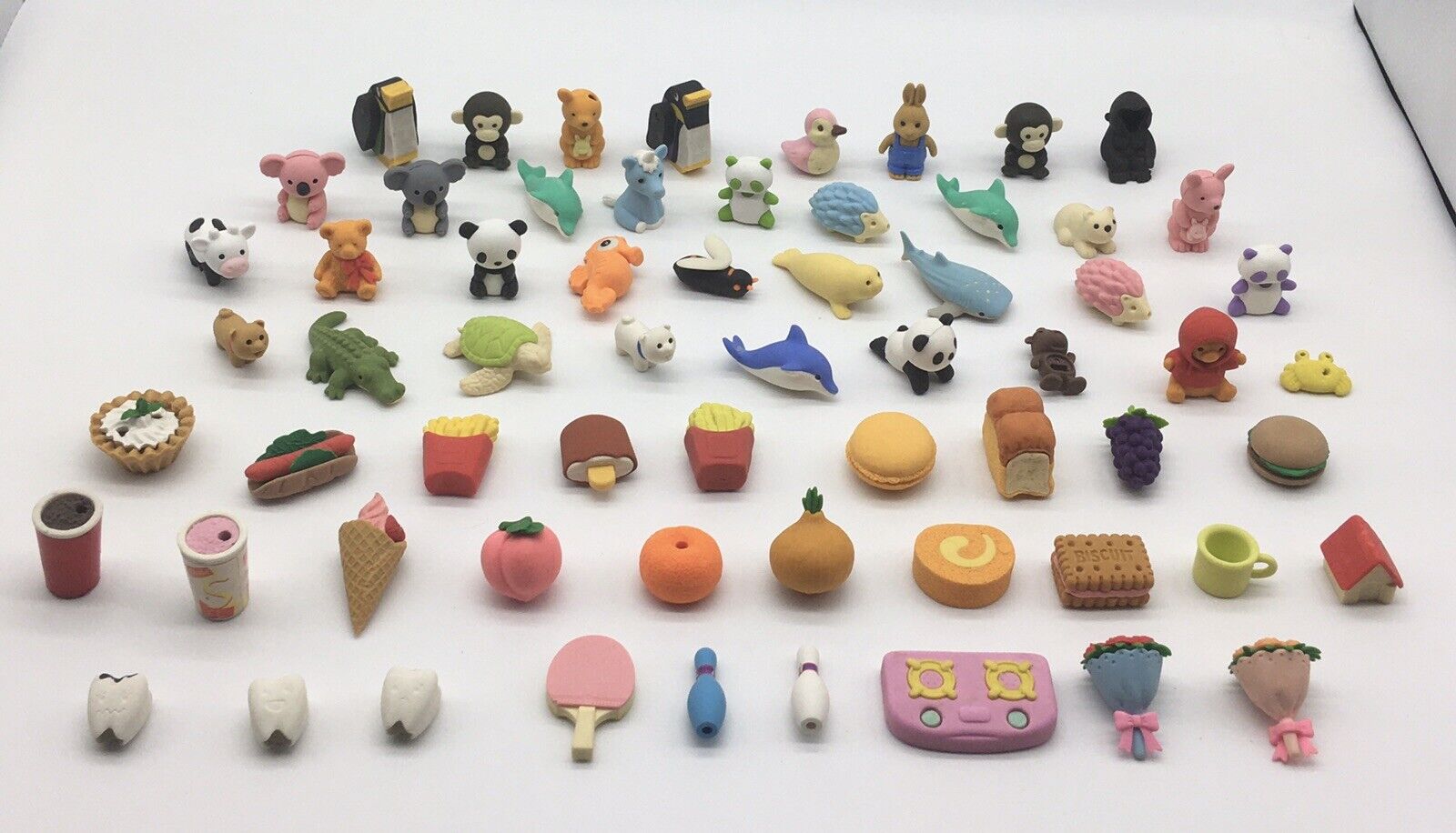 Japanese Iwako Erasers Mixed Lot Of 63 Erasers 1 lb Animals Food Drink Objects