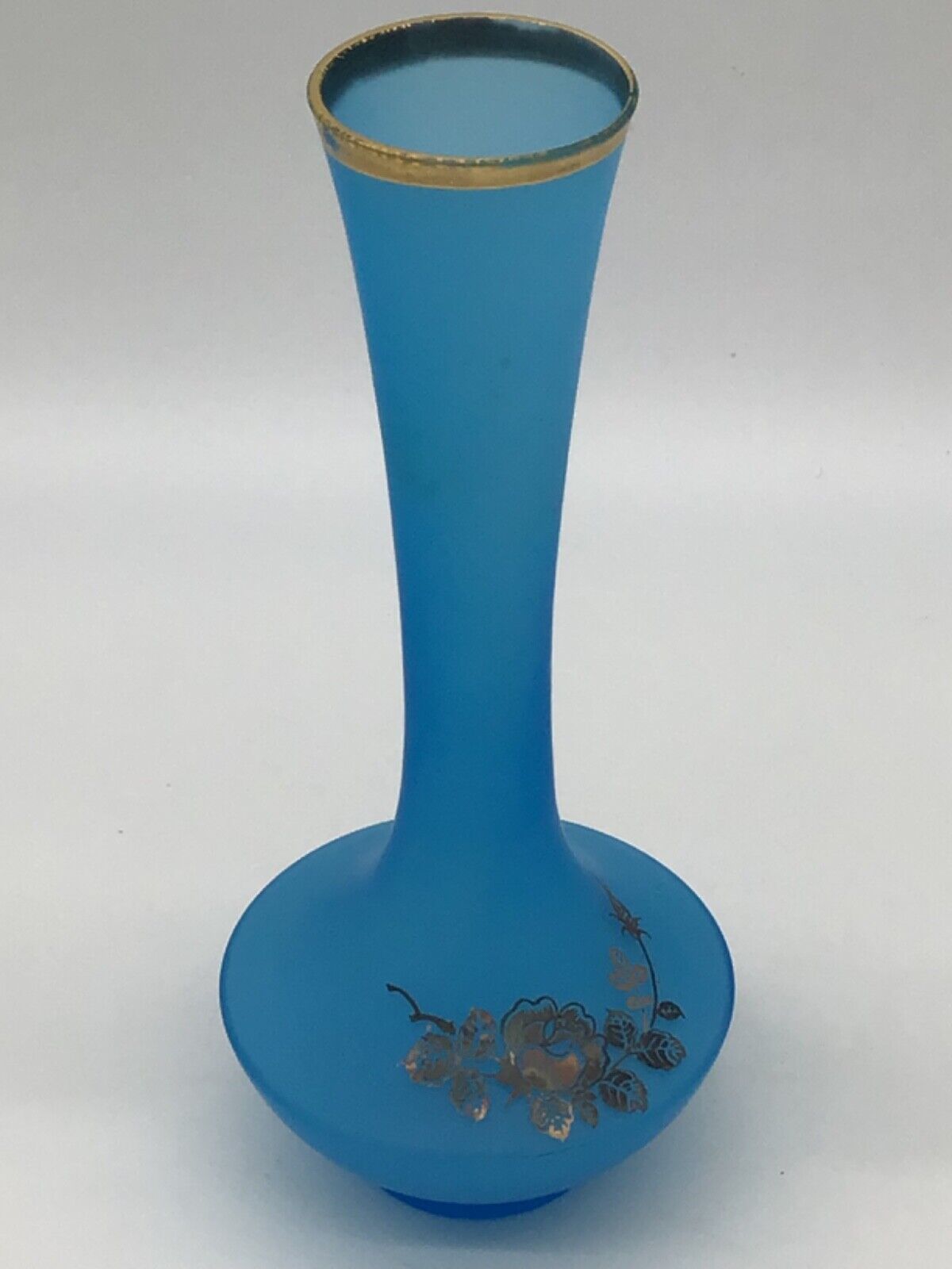 Vintage Norlean Blue Frosted Glass Bud Vase Gold Gilt Trim 8