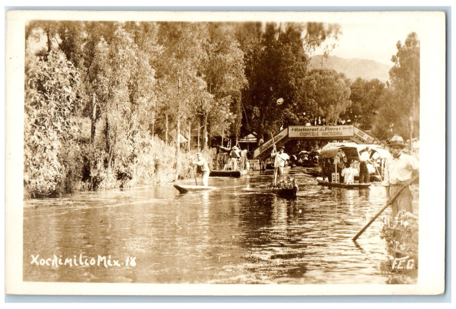 c1920's Boat Restaurant Flores Bridge Xochimilco Mexico RPPC Photo Postcard