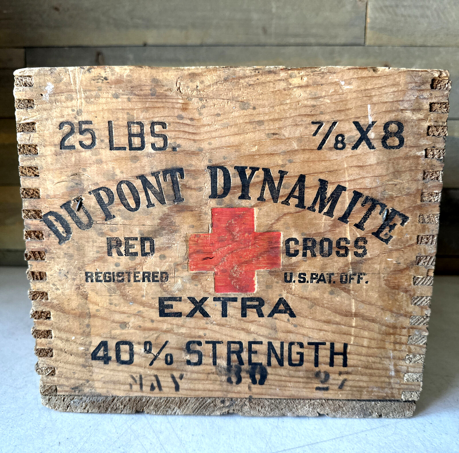 Dupont Explosives Empty Wooden Box Vintage Red Dynamite Dovetail Red Cross 1927