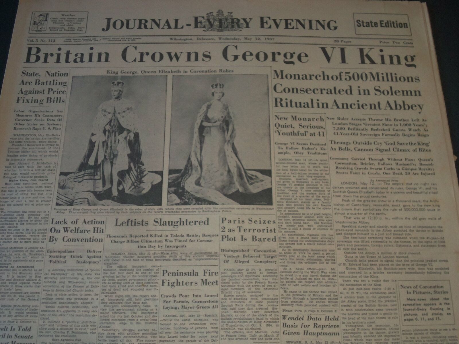 1937 MAY 12 WILMINGTON JOURNAL NEWSPAPER BRITAIN CROWNS KING GEORGE VI - NT 7294