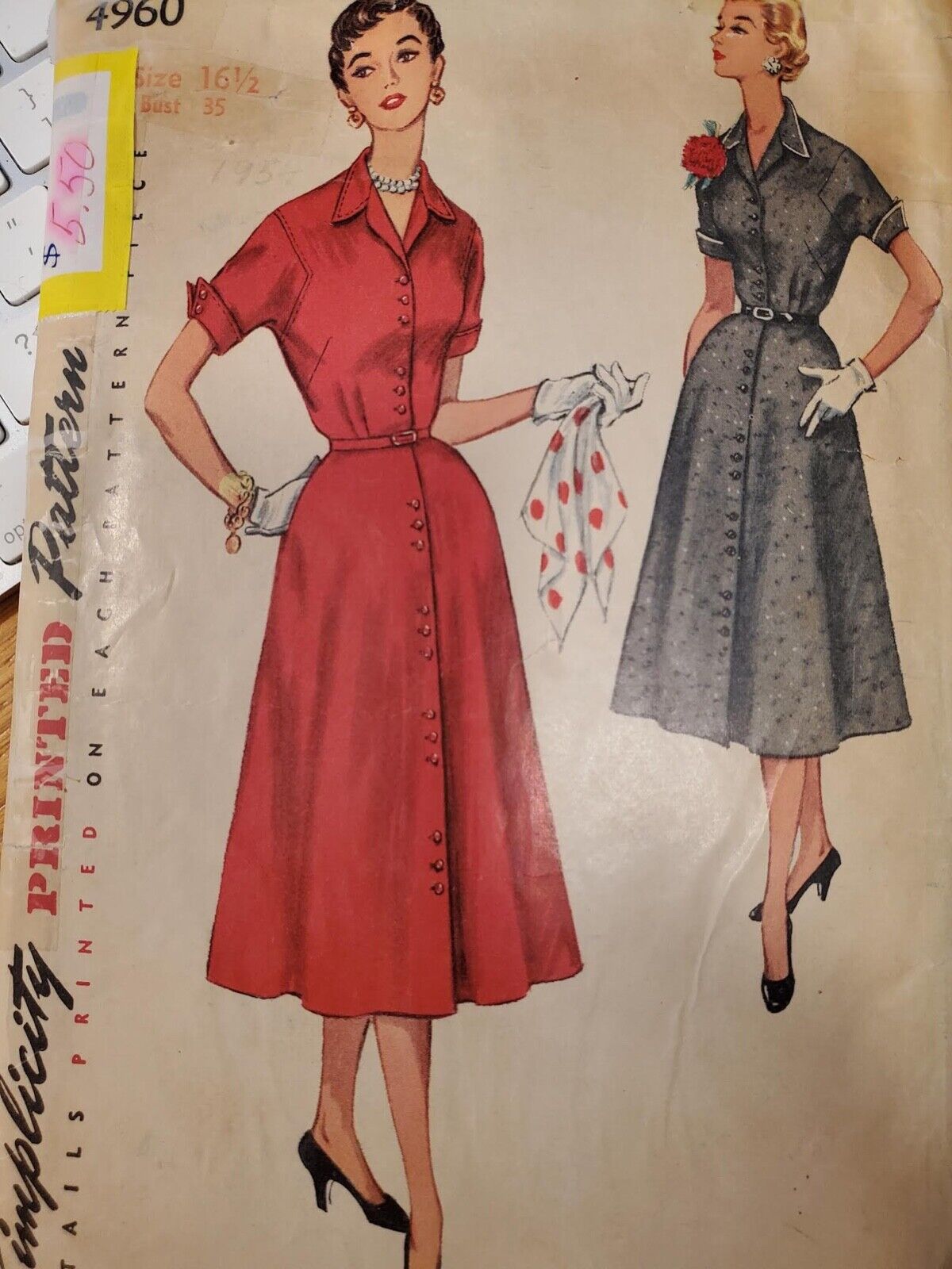 VINTAGE 1954 SIMPLICITY 4960 DRESS SEWING PATTERN SZ 16.5 BUST 35 (TODAYS SZ 10)