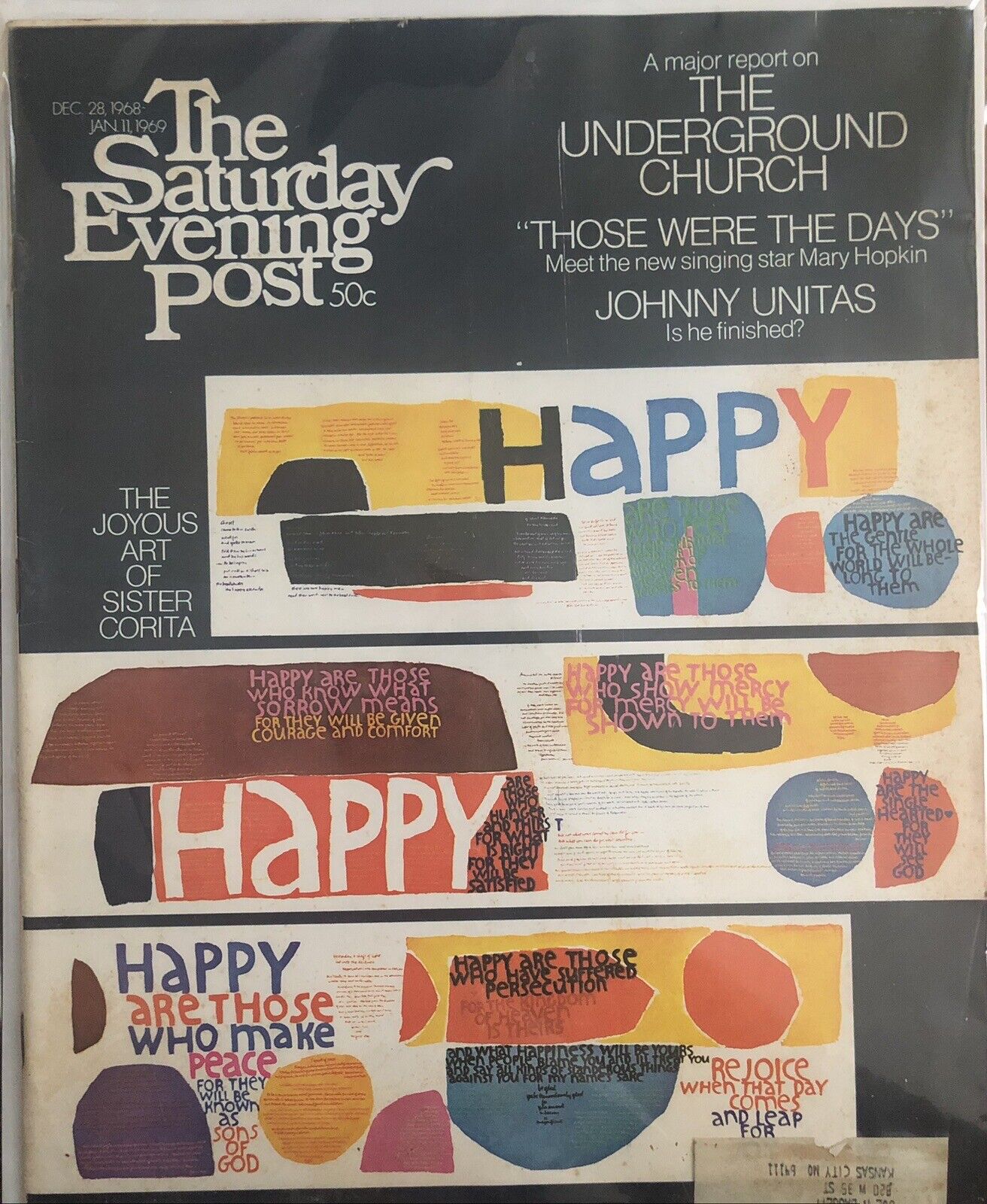 Saturday Evening Post Dec 28 1968 - Jan 11 1969 Johnny Unitas Sister Corita art