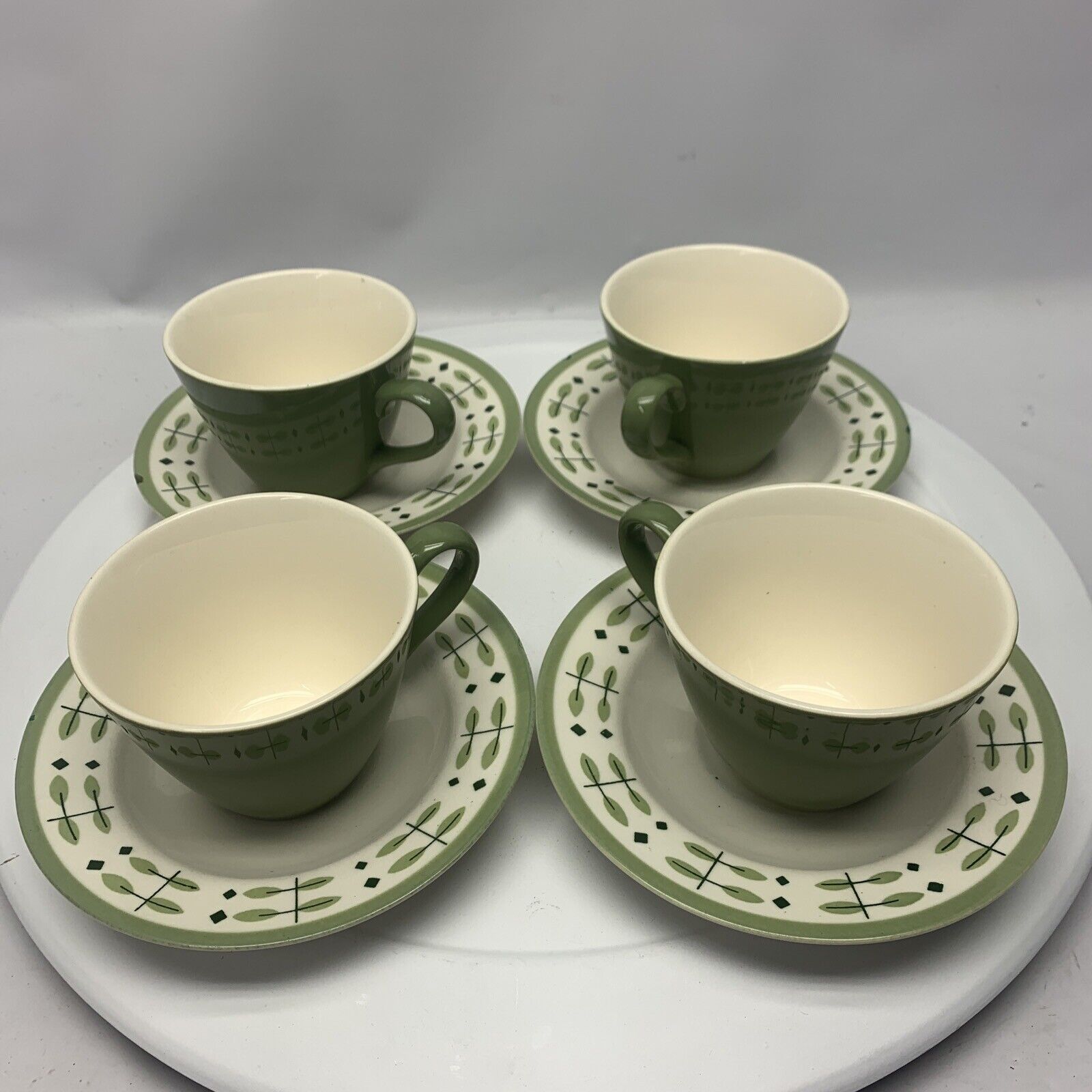 Vintage 1960s Homer Laughlin Green Leaf and Diamond 8 Pc. Cup And Saucer Set