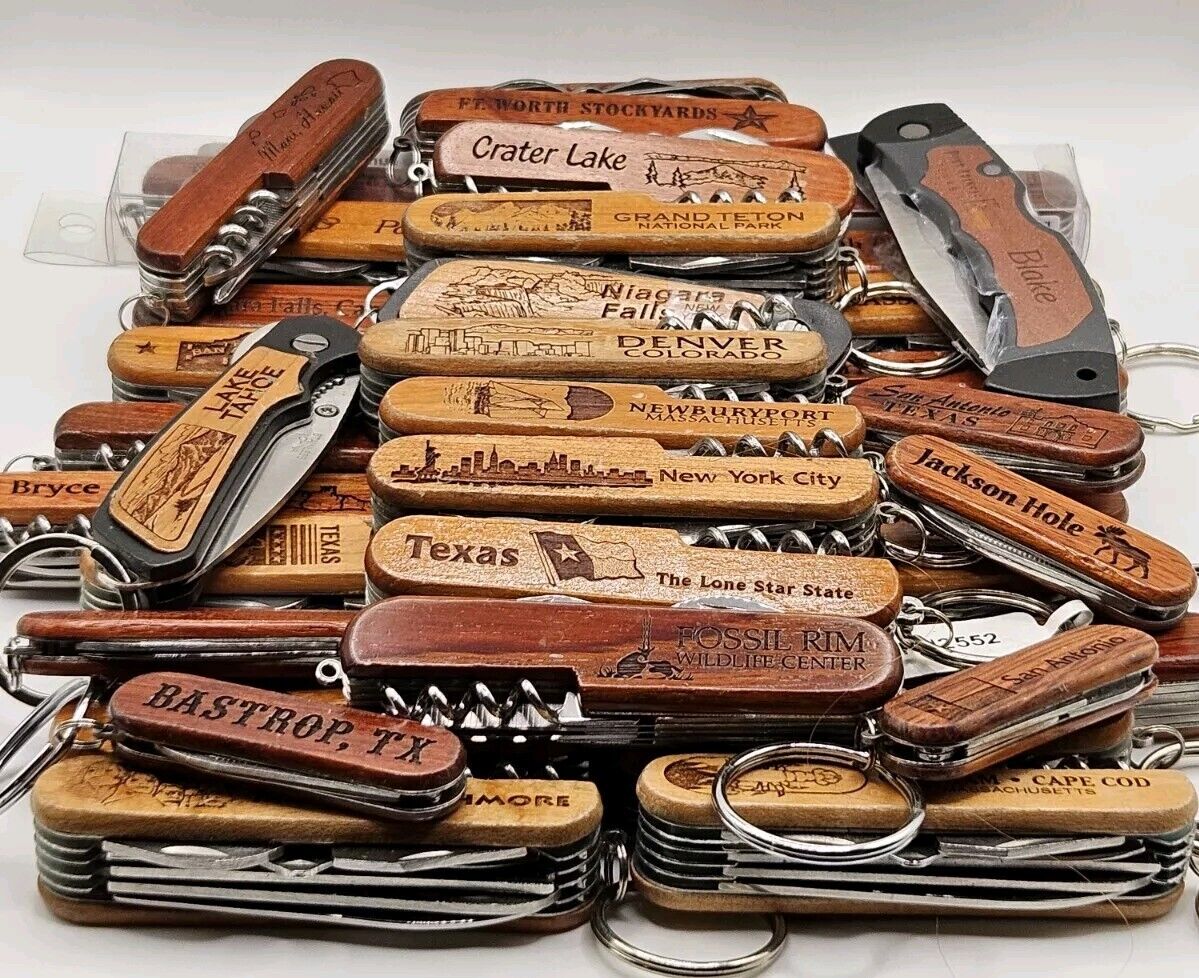 Lot of 38 TSA Confiscated Used Tourist Egngraved Pocket Knives Places And Names