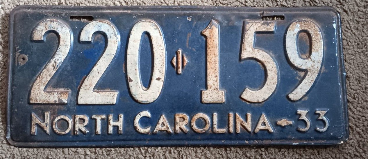 1933 NC North Carolina License Plate Tag 220 159  Vintage