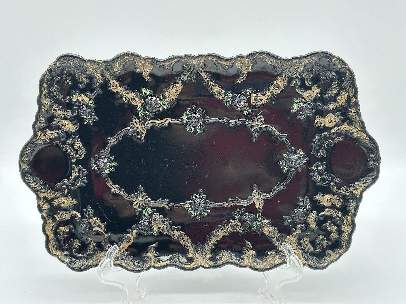 Antique Black Glass Hand Painted Ceramic Serving Tray 11”X7” #60