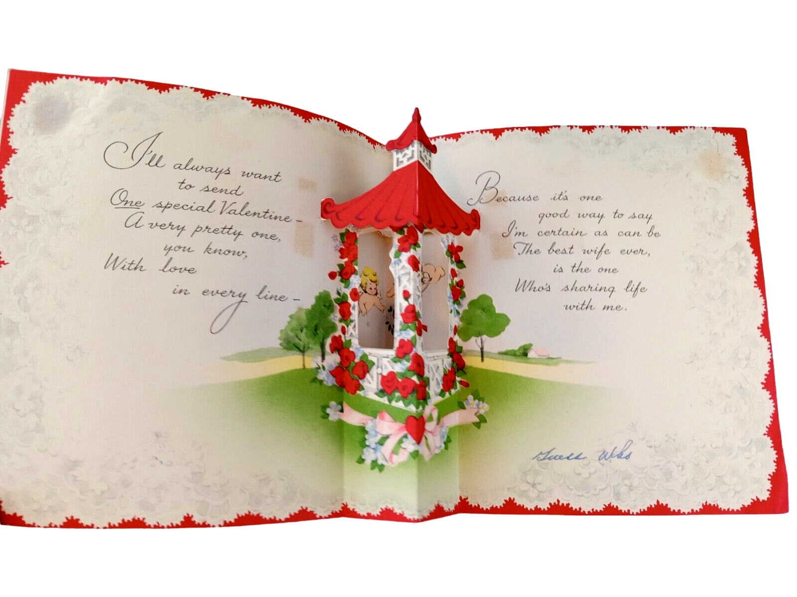 Vintage Valentines Day A Gibson Card Pop-Up Gazebo Cherubs Roses To My Wife