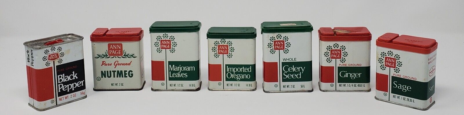Lot of 7 Vintage Ann Page Small Metal Kitchen Spice Tins MCM A&P Grocery GUC