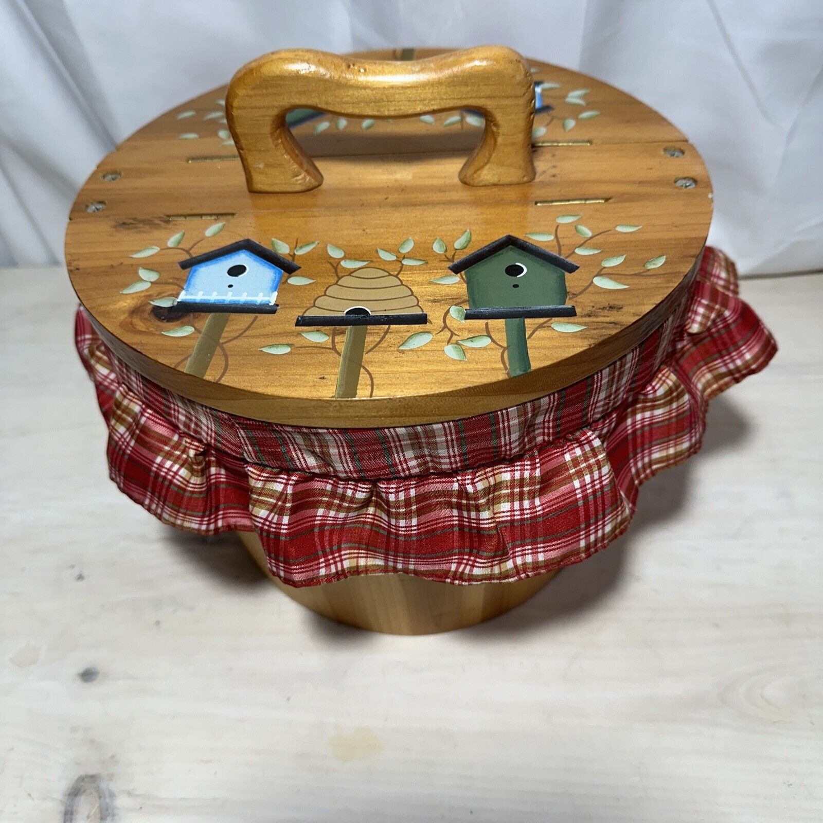 Vintage Red Plaid Lined Birdhouse Wood Basket 9.5x7.25”T