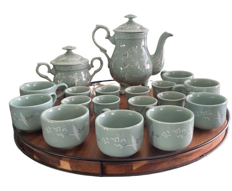 Vintage Korean Celadon Porcelain Crane Teapot And Sugar Bowl 16 Piece - Signed