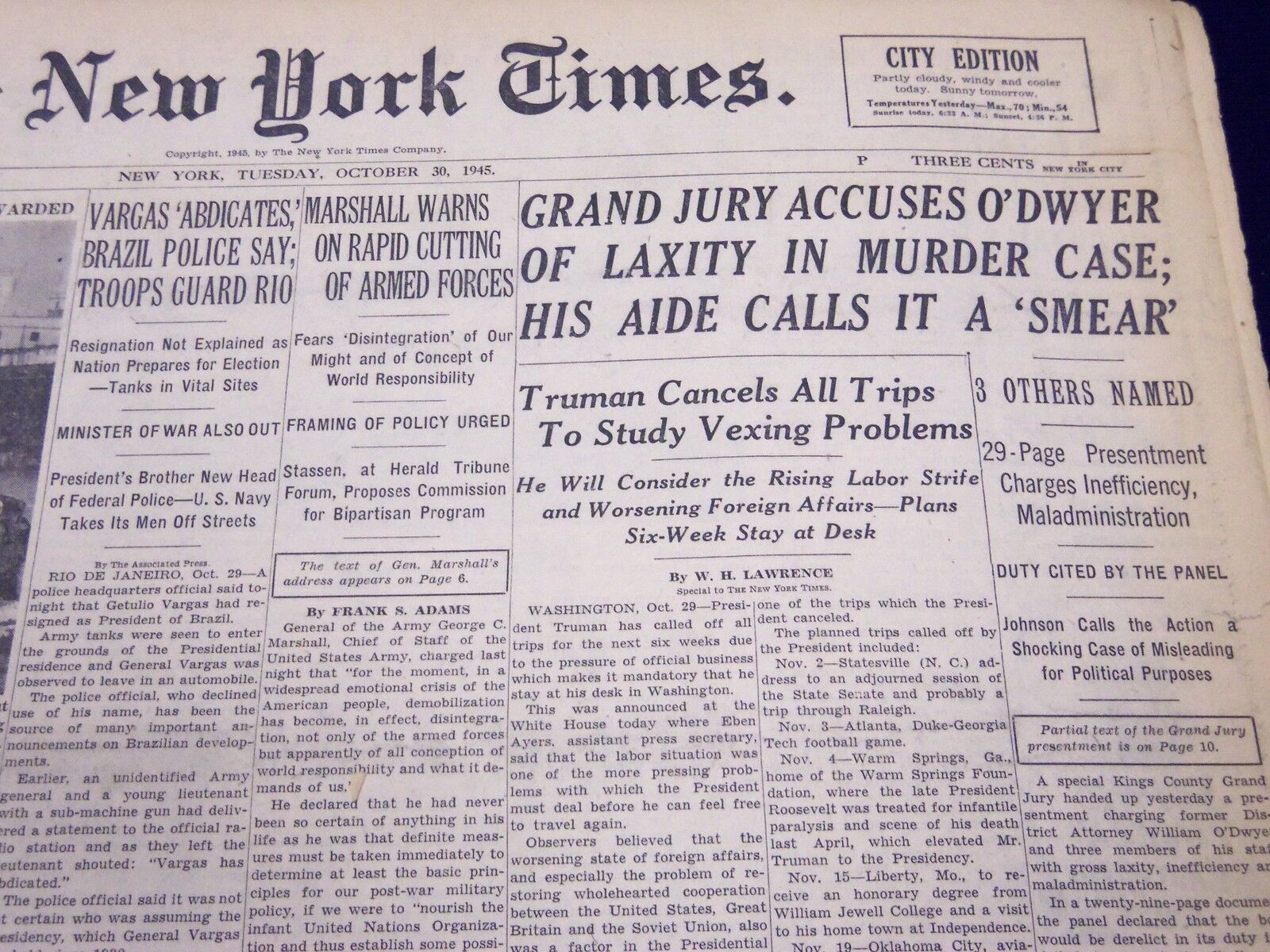 1945 OCT 30 NEW YORK TIMES GRAND JURY ACCUSES O'DWYER OF LAXITY IN CASE - NT 258