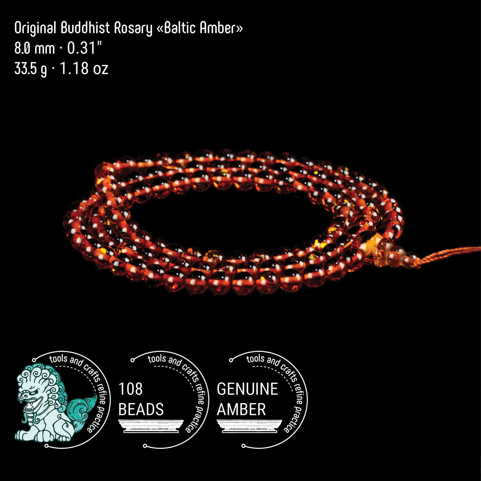 Baltic Amber Tibetan Buddhist Mala, 108 Round Prayer Beads Rosary | 8.0 mm
