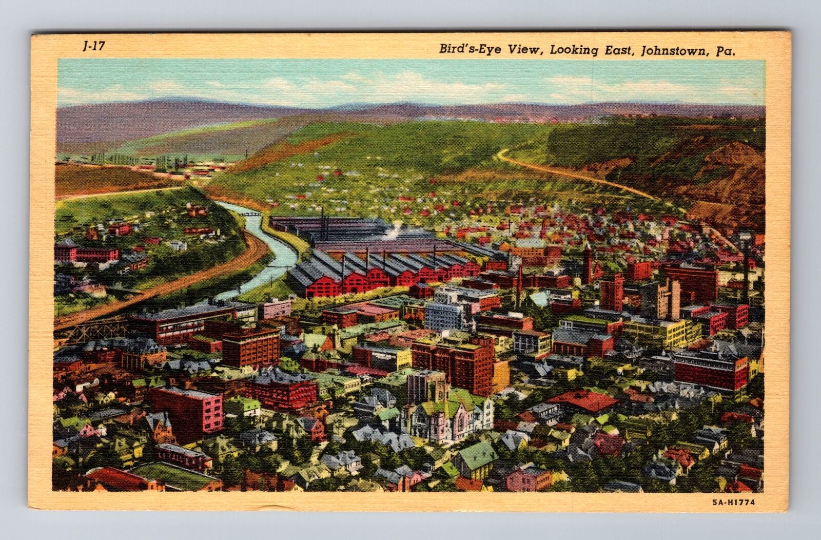 Johnstown PA-Pennsylvania, Birds Eye View Looking East, c1945 Vintage Postcard