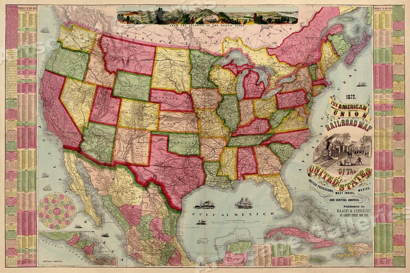 1872 American Union Railroad Historic Old Train Map - 24x36