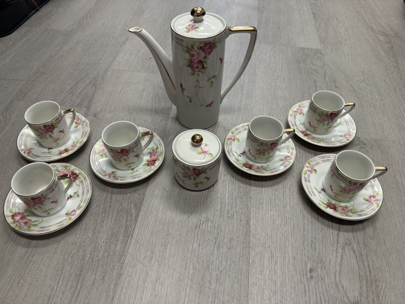 Vintage Nippon Rose Tea Set 6 Teacups/saucers, Teapot, Sugar Jar, Creamer Pourer