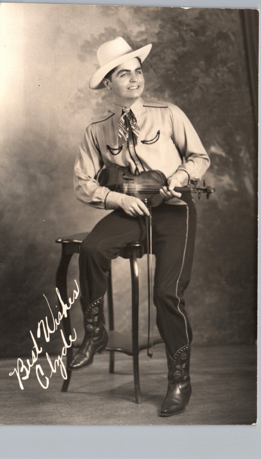 COWBOY & FIDDLE real photo postcard rppc country music singer portrait clyde