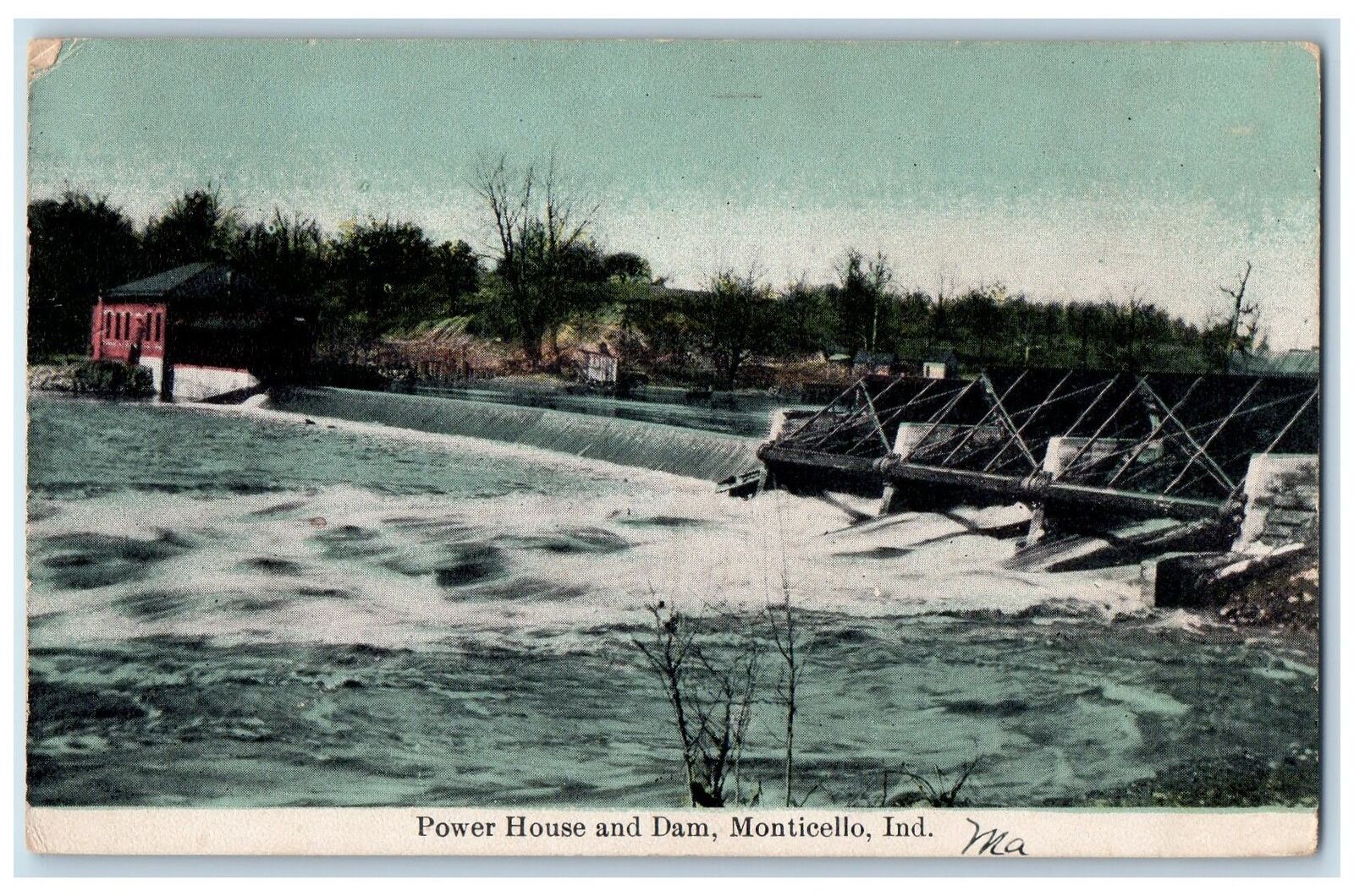 c1920's Power House & Dam Falls Fast Current Monticello Indiana Vintage Postcard