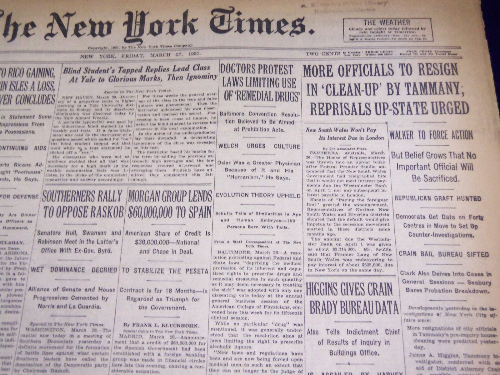 1931 MARCH 27 NEW YORK TIMES - OFFICIALS RESIGN IN TAMMANY CLEAN-UP - NT 2220