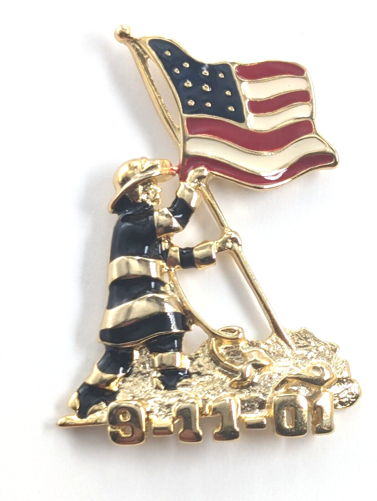 Firefighter Fireman Raising USA Flag 09-11-01 September 11 Gold Tone Enamel Pin