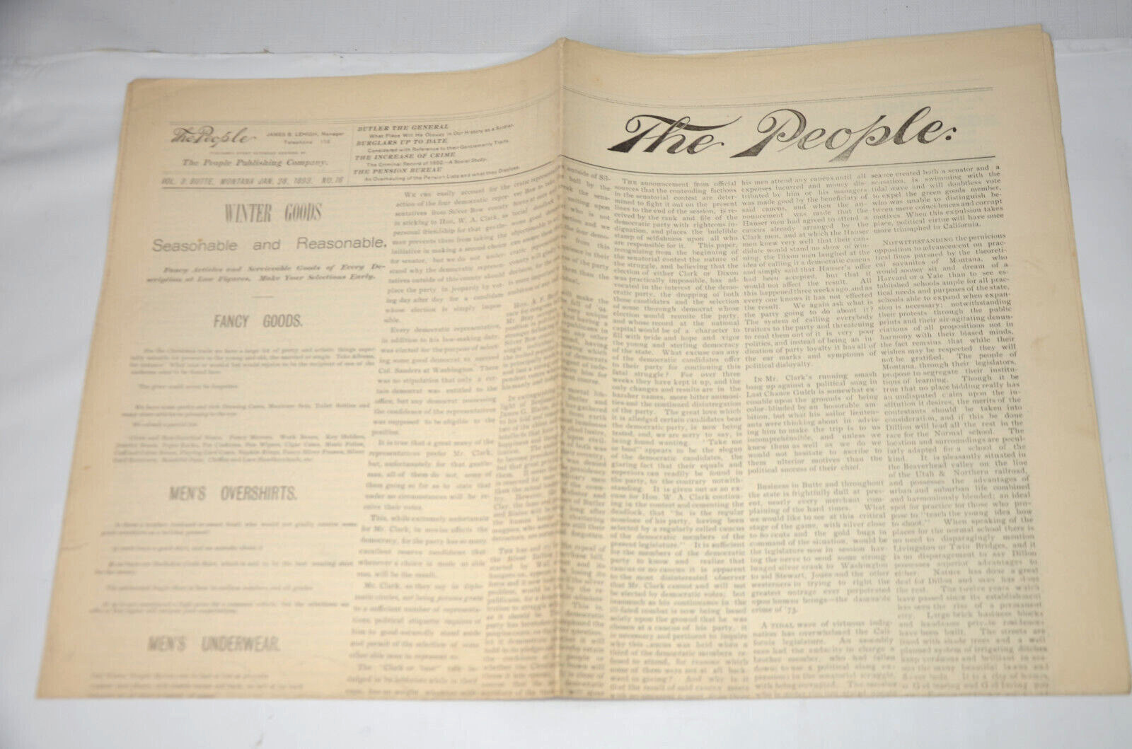 Butte Montana Newspaper The People January 28 1893 Complete Antique Rare LeHigh