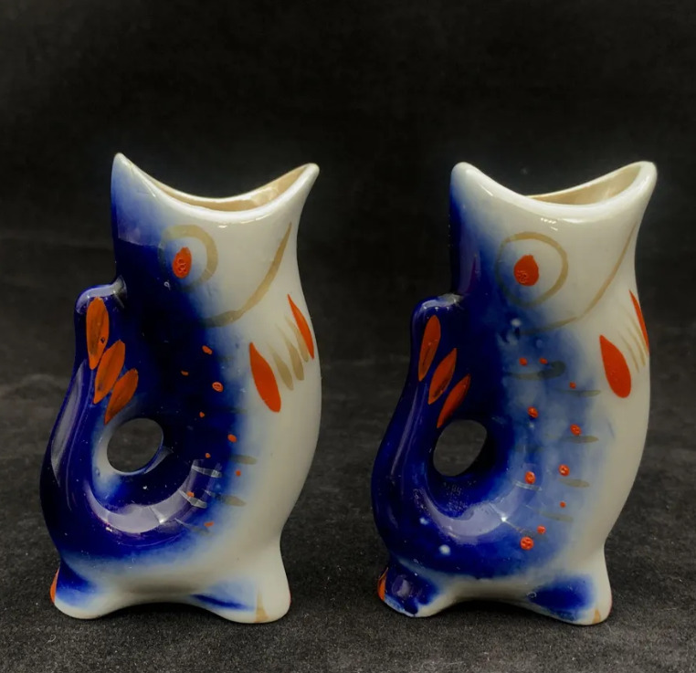Vintage Two Sets Of Porcelain Fish Gilding Factory Ussr 1975 Blue White Decor