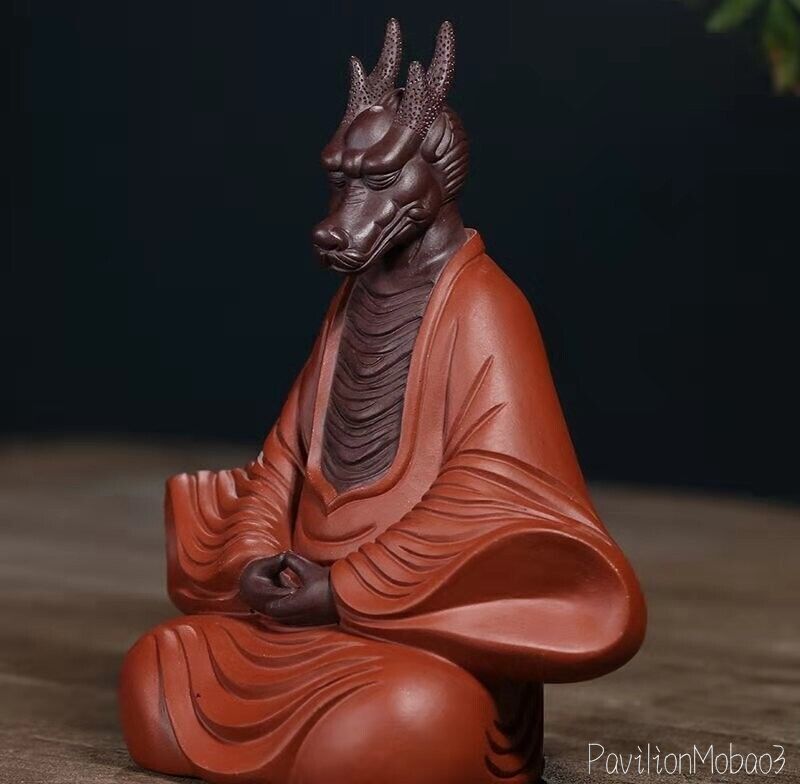 Chinese Zi Sha Clay Dragon King Statue Deity Master Figure Meditation Zen Decor