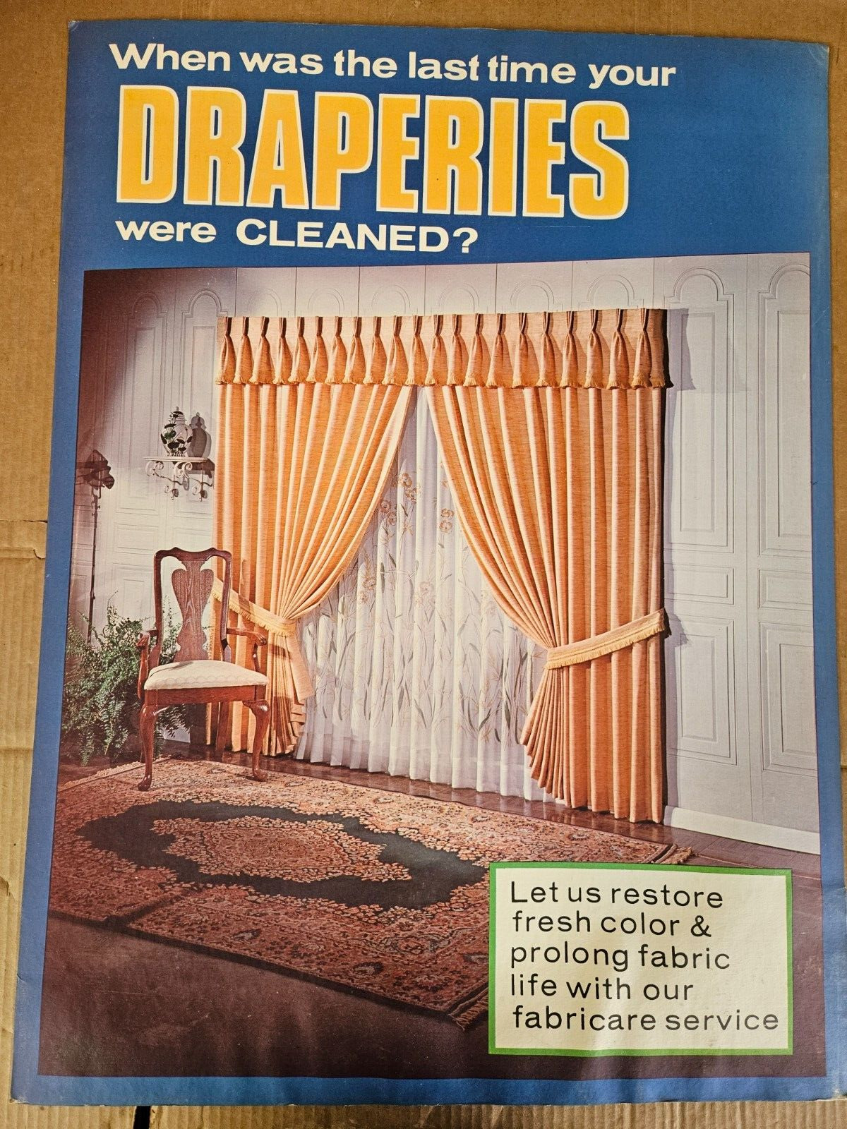 Vintage Dry Cleaner Store Advertisement Sign 1960 Home Fashion Draperies Curtain